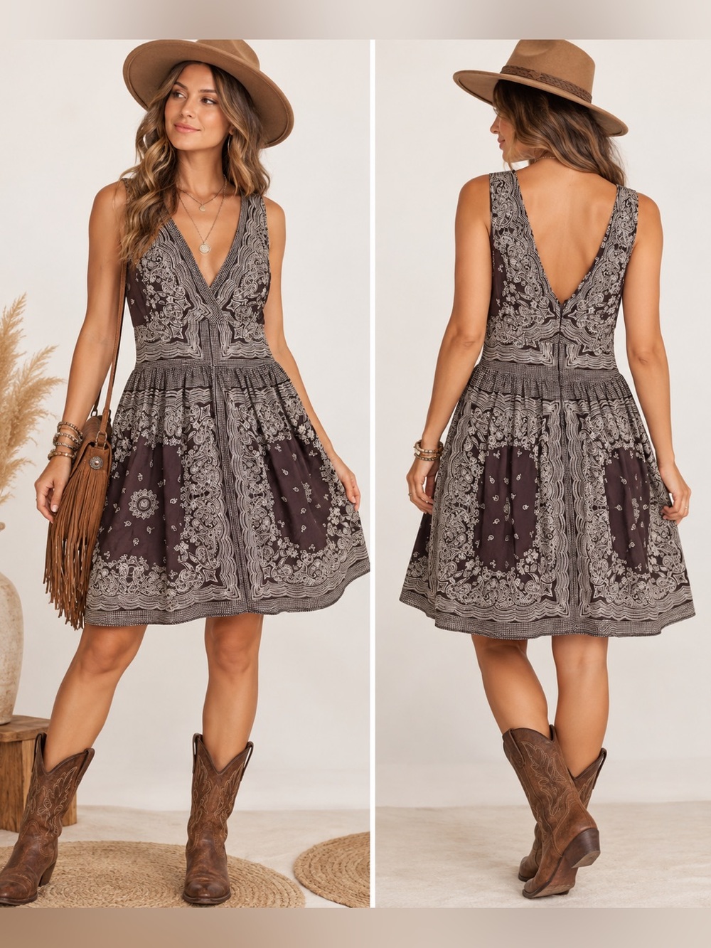 Sleeveless V-Neck Paisley Print Boho Cottagecore Dress in Brown and White Large